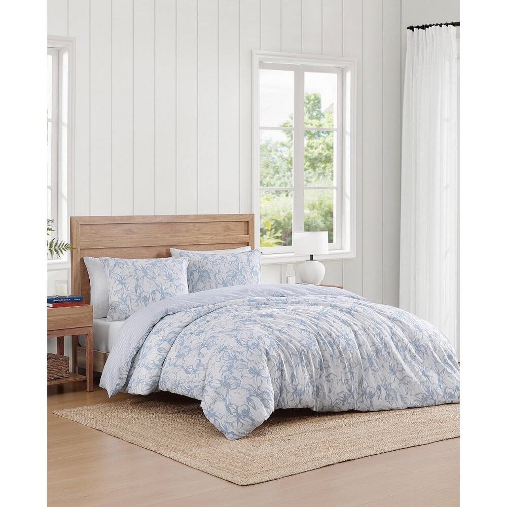 Tommy Hilfiger Full Queen Duvet Set Blue Floral 100% Cotton Slub NEW - Picture 2 of 6